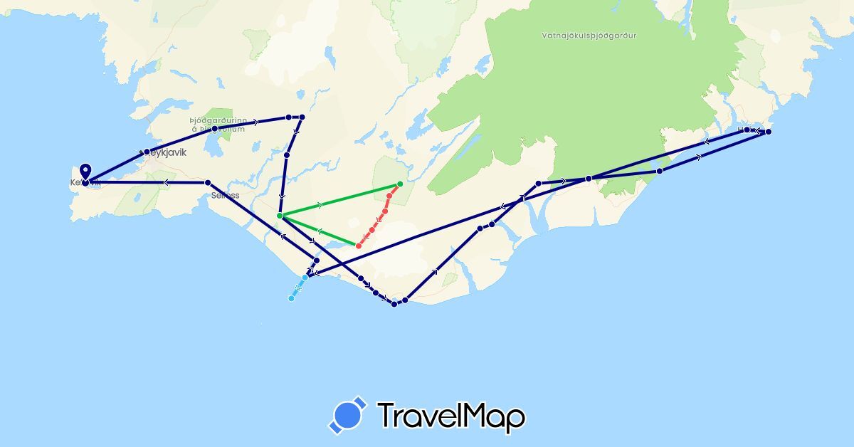 TravelMap itinerary: driving, bus, hiking, boat in Iceland (Europe)