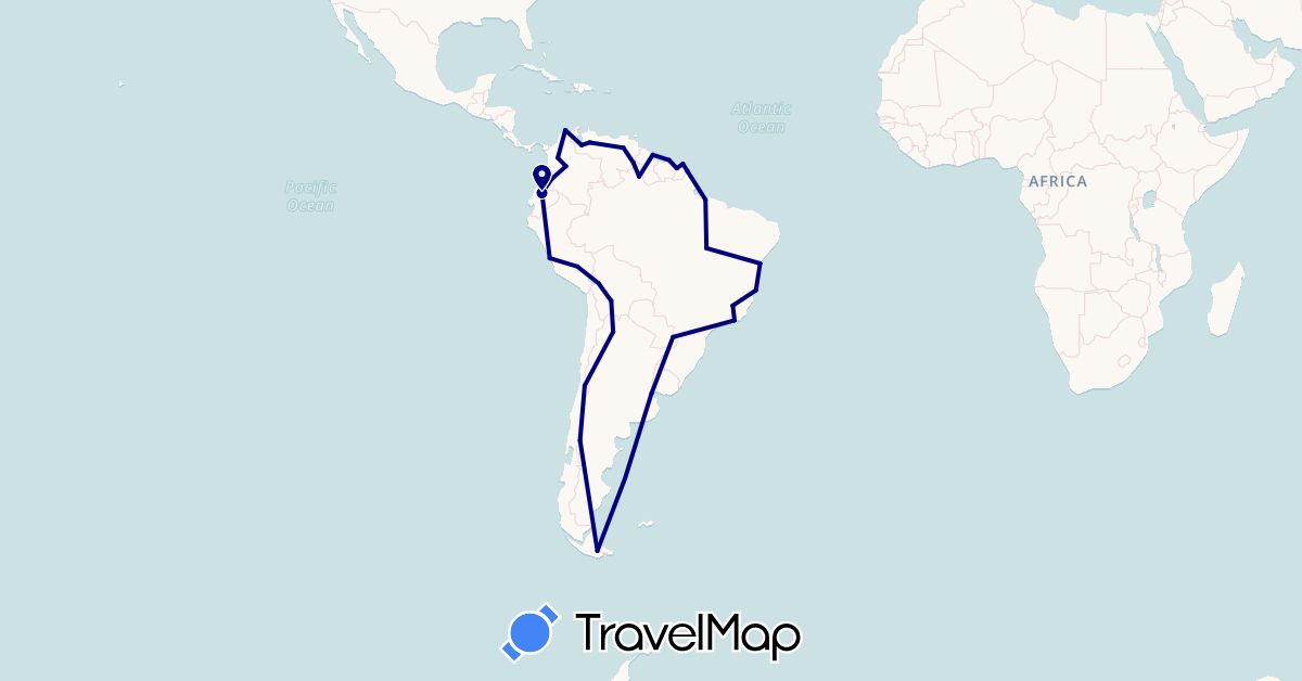 TravelMap itinerary: driving in Argentina, Bolivia, Brazil, Chile, Colombia, Ecuador, French Guiana, Guyana, Peru, Suriname, Venezuela (South America)